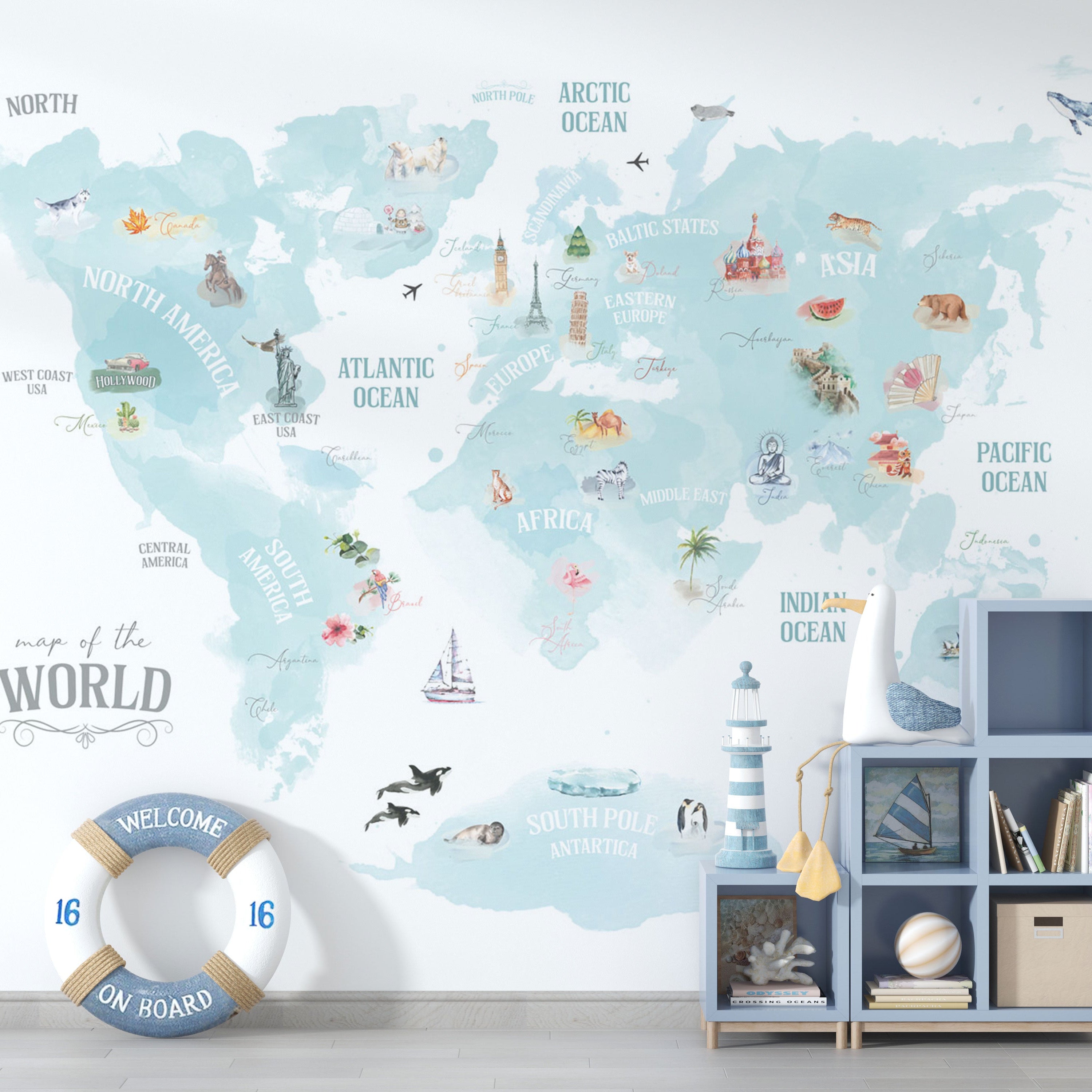 World Map Blue Theme - Kids Room Wallpaper Mural-GraffitiWallArt