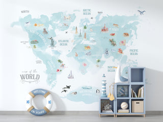 World Map Blue Theme - Kids Room Wallpaper Mural-GraffitiWallArt