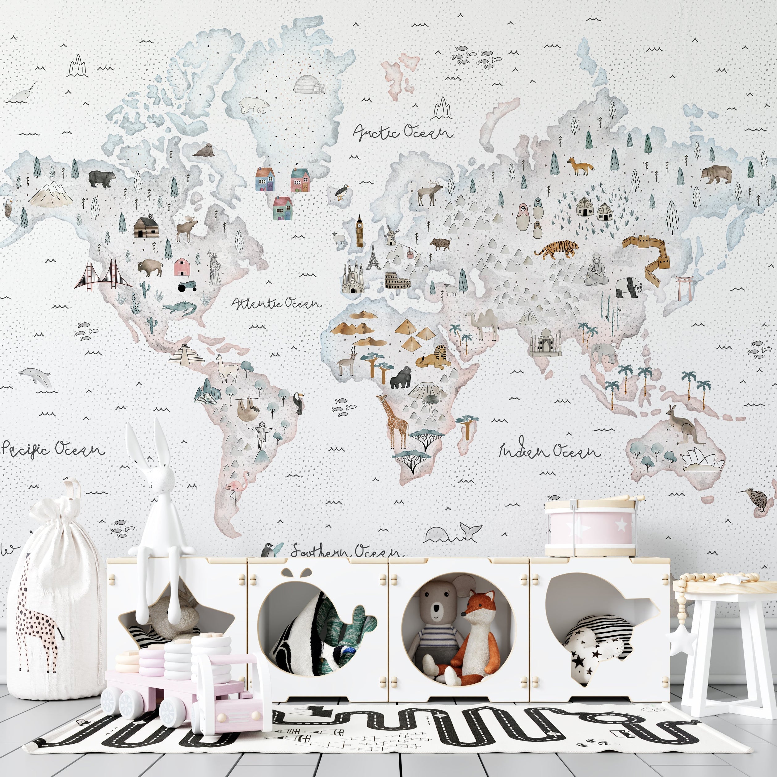 World Map White Theme - Kids Room Wallpaper Mural-GraffitiWallArt