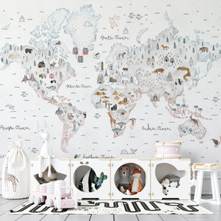 World Map White Theme - Kids Room Wallpaper Mural-GraffitiWallArt